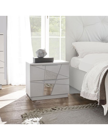 Coppia comodini 2 cassetti serigrafati con specchi Bianco laccato