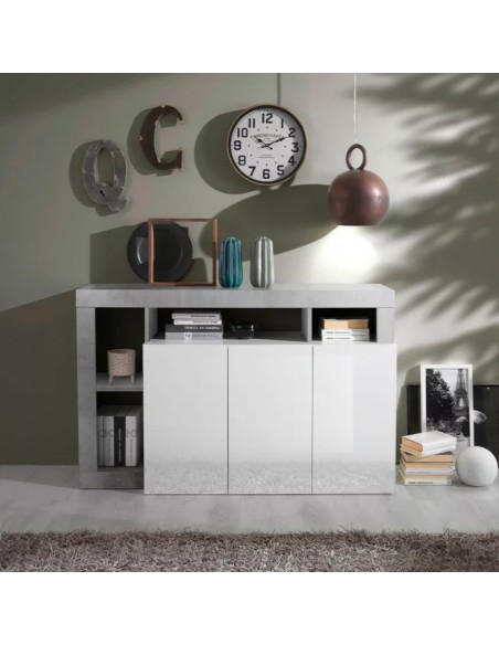 Madia 3 ante con vani a giorno Bianco laccato/Cemento