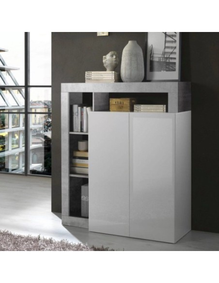 Madia 2 ante Alta con vani a giorno Bianco laccato/Cemento