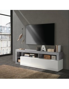 Porta TV con vani a giorno Bianco laccato/Cemento