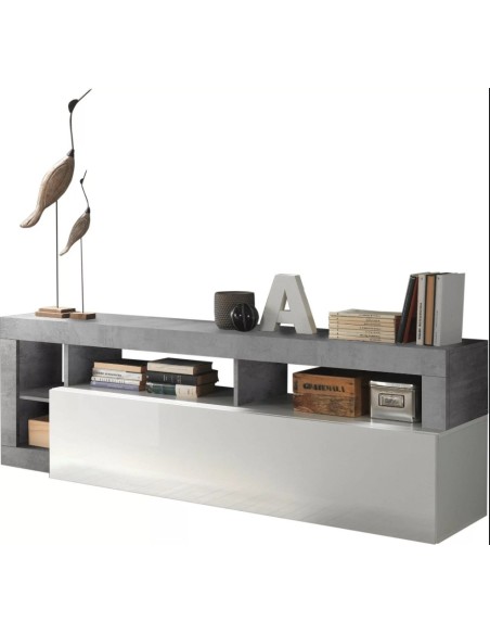 Porta TV con vani a giorno Bianco laccato/Cemento