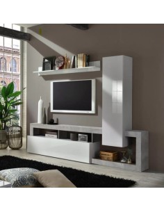 Parete soggiorno Bianco laccato/Cemento con mensola 2