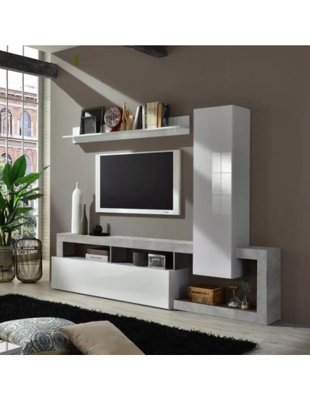 Parete soggiorno Bianco laccato/Cemento con mensola