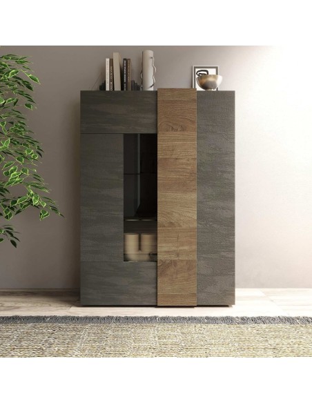 Vetrina 2 ante con fascia Titanio / Noce mercure