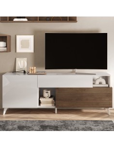 Porta TV 1 anta - 1 cassetto - 1 ribalta Bianco laccato / Mercure