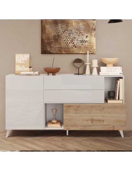 Madia 3 cassetti - 1 anta Bianco laccato / Rovere