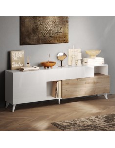 Porta TV 1 anta - 1 cassetto - 1 ribalta Bianco laccato / Rovere