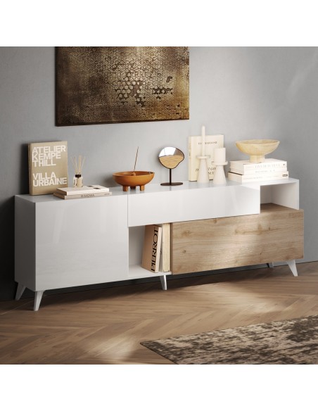 Porta TV 1 anta - 1 cassetto - 1 ribalta Bianco laccato / Rovere