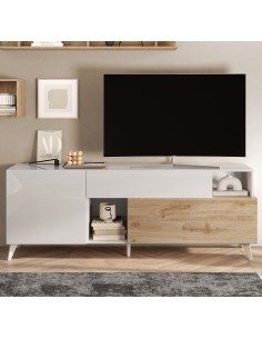 Porta TV 1 anta - 1 cassetto - 1 ribalta Bianco laccato / Rovere 2