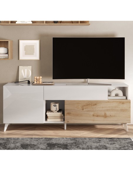 Porta TV 1 anta - 1 cassetto - 1 ribalta Bianco laccato / Rovere