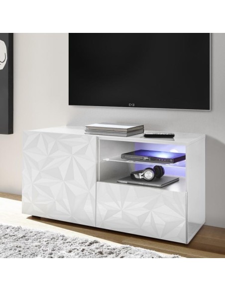 Porta TV 1 anta - 1 cassetto con serigrafia geometrica Bianco laccato (Led escluso)