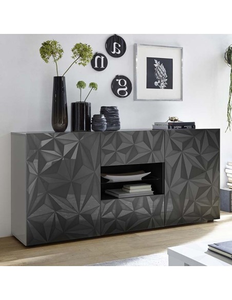 Credenza 2 ante - 2 cassetti con serigrafia geometrica Grigio scuro laccato