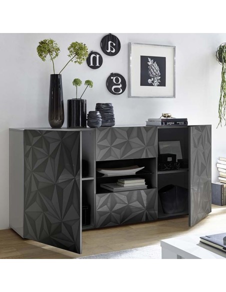 Credenza 2 ante - 2 cassetti con serigrafia geometrica Grigio scuro laccato