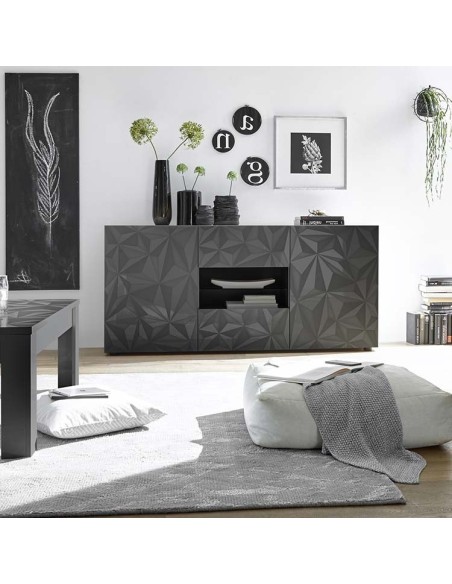 Credenza 2 ante - 2 cassetti con serigrafia geometrica Grigio scuro laccato