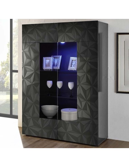 Vetrina 2 ante con serigrafia geometrica Grigio scuro laccato (Led escluso)