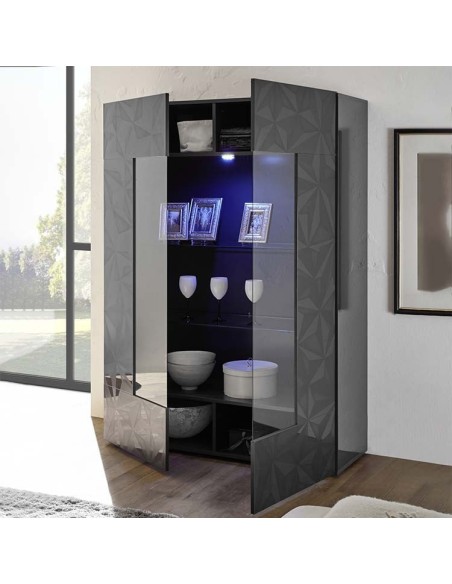 Vetrina 2 ante con serigrafia geometrica Grigio scuro laccato (Led escluso)