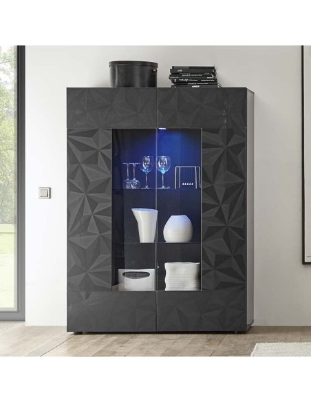 Vetrina 2 ante con serigrafia geometrica Grigio scuro laccato (Led escluso)