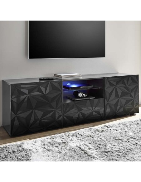 Port TV 2 ante - 1 cassetto con serigrafia geometrica Grigio scuro laccato (Led escluso)