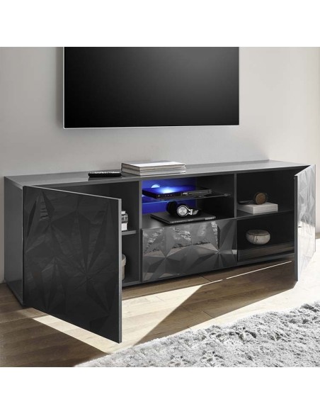 Port TV 2 ante - 1 cassetto con serigrafia geometrica Grigio scuro laccato (Led escluso)