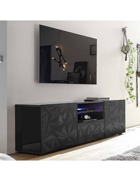 Port TV 2 ante - 1 cassetto con serigrafia geometrica Grigio scuro laccato (Led escluso)