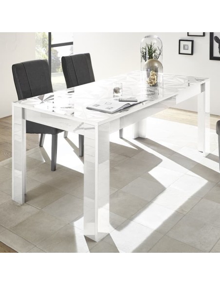 Tavolo allungabile con top con serigrafia geometrica Bianco laccato (Sedie escluse)