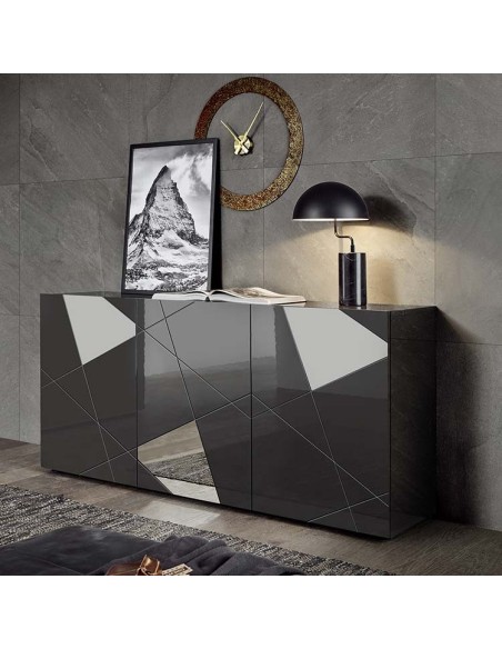 Madia 3 ante serigrafata con specchi Grigio scuro laccato