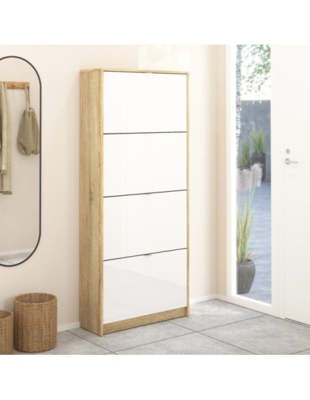 Scarpiera 4 ribalte doppia profondità Quercia / Bianco Laccato lucido
