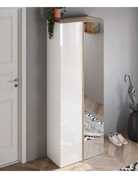 Armadio ingresso scarpiera con anta a specchio Bianco laccato/Rovere kadiz (pannello appendiabiti escluso)
