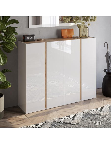 Madia / scarpiera ingresso 4 ante 10 ripiani interni Bianco laccato / Rovere kadiz