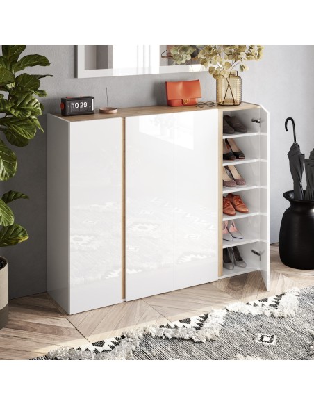 Madia / scarpiera ingresso 4 ante 10 ripiani interni Bianco laccato / Rovere kadiz
