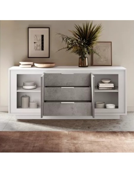Madia 2 ante - 3 cassetti Bianco opaco/Cemento
