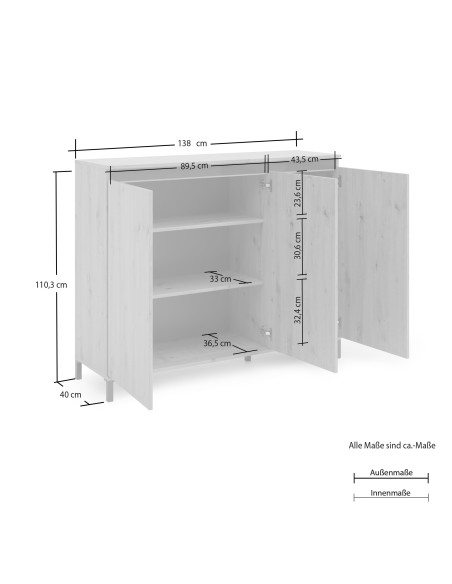Credenza 3 ante Rovere artisan su piedini (Versione alta)