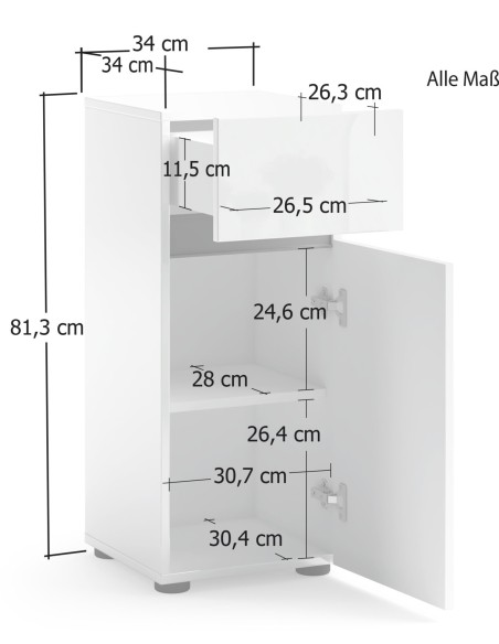 Colonna bagno bassa 1 cassetto - 1 anta Bianco laccato lucido/Antracite