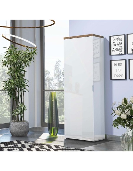 Armadio 1 anta ingresso - 5 ripiani - 1 tubo appendiabiti Bianco lucido/Rovere castagno