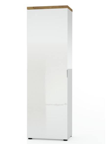 Armadio 1 anta ingresso - 5 ripiani - 1 tubo appendiabiti Bianco lucido/Rovere castagno