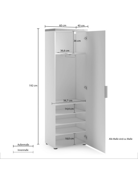 Armadio 1 anta ingresso - 5 ripiani - 1 tubo appendiabiti Bianco lucido/Rovere castagno