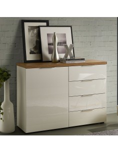 Madia 1 anta - 4 cassetti Bianco laccato/Rovere castagno