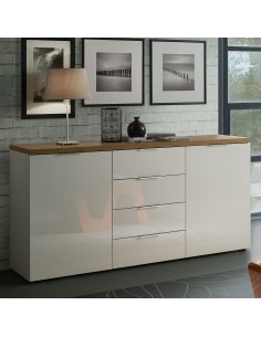 Madia 2 ante - 4 cassetti Bianco laccato/Rovere castagno