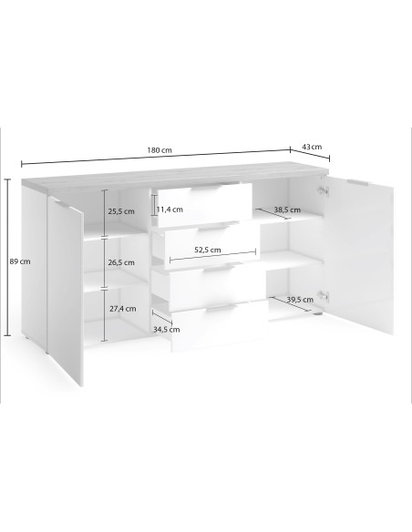 Madia 2 ante - 4 cassetti Bianco laccato/Rovere castagno
