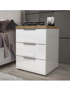 Comodino 3 cassetti Bianco laccato/Rovere castagno