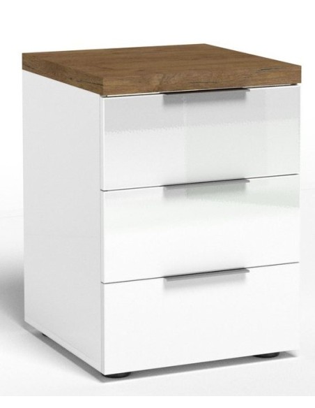 Comodino 3 cassetti Bianco laccato/Rovere castagno