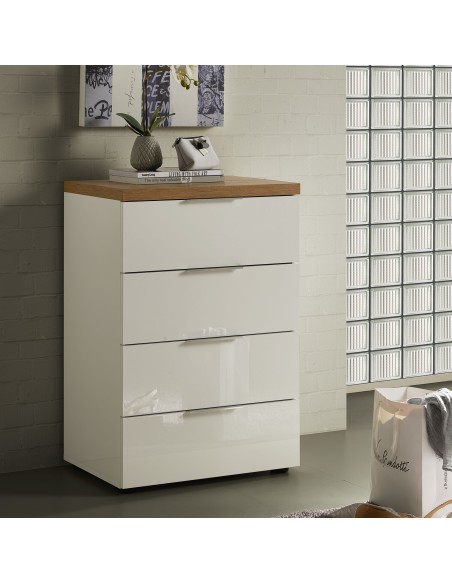 Cassettiera 4 cassetti Bianco laccato/Rovere castagno