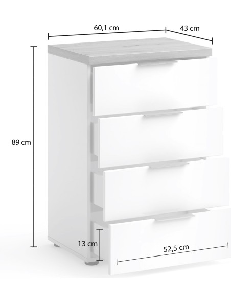 Cassettiera 4 cassetti Bianco laccato/Rovere castagno