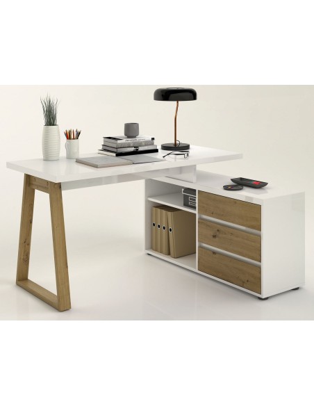 Scrivania angolare 3 cassetti Bianco laccato/Rovere artisan