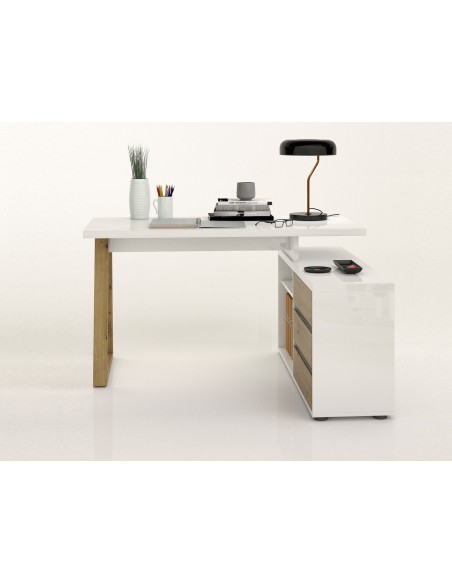 Scrivania angolare 3 cassetti Bianco laccato/Rovere artisan
