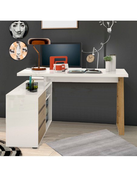 Scrivania angolare 3 cassetti Bianco laccato/Rovere artisan