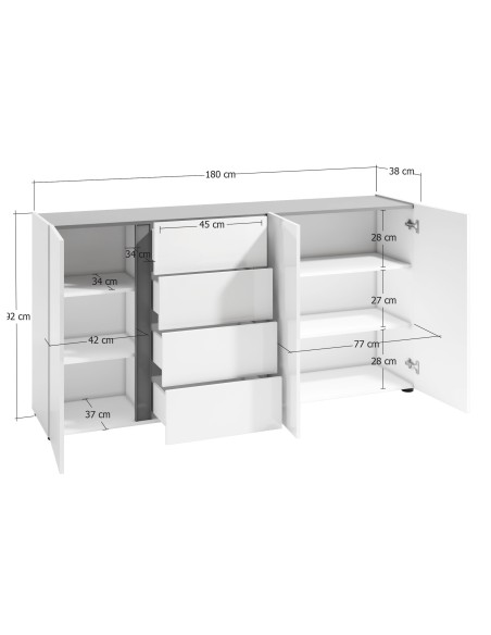 Madia 3 ante - 4 cassetti Bianco laccato/Antracite