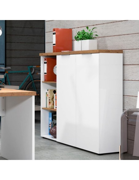 Mobile ufficio 2 ante - 1 Modulo a giorno Bianco laccato/Rovere castagno cm 120 x 34 x 115 H