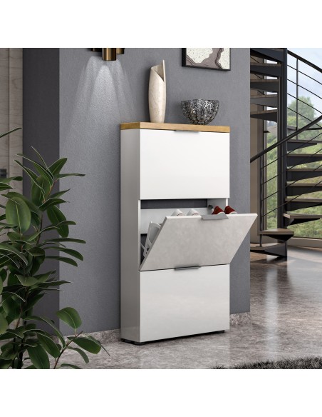 Scarpiera 3 ribalte Bianco laccato/Rovere castagno