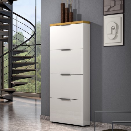 Scarpiera 4 ribalte Bianco laccato/Rovere castagno